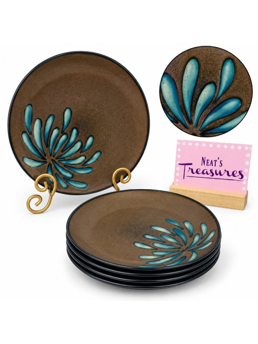 Pier 1 One BLUE MUM Stoneware Off Center On Brown Coupe Lunch Salad Plates Set 5
